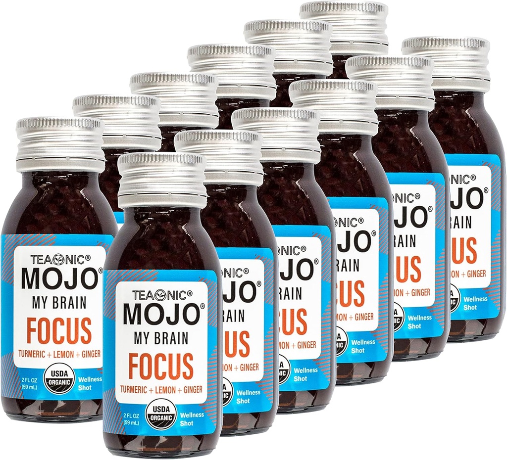 TEAON My Brain Mojo: Fokus Wellness Shots - USDA-zertifizierte Vegan-Formel mit Ginkgo Biloba, Ginger, Turmeric - 12 Flaschen x 2 Fl Oz Jeder - Glutenfrei, Non-GMO