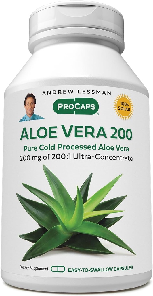 ANDREW LESSMAN Aloe Vera 200-180 Capsules - Fournit 200:1 Ultra-Concentrate d'Aloe Vera, support apaisant pour l'estomac et le système digestif, aucun additif, petites capsules faciles à avaler