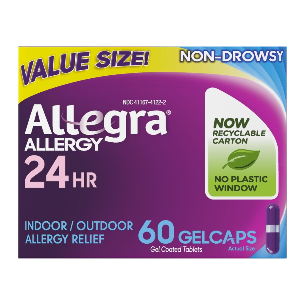 Allegra Adult 24-Stunden Allergy Relief Gelcaps, Non-Drowsy Indoor und Outdoor Allergy Medicine, 180 mg Fexofenadine HCI Antihistamin Pille, 60-Count
