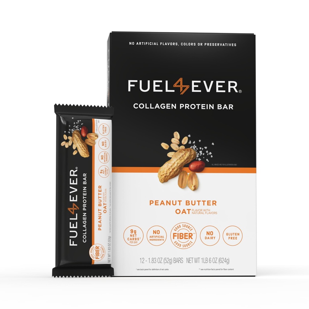 Fuel 4 Ever Collagen Protein Bars | 14G Protein, Glutenfrei, Dairy Free, No Stevia oder künstliche Zutaten hinzugefügt, mit Honig | Peanut Butter Oat Flavor (Box von 12)