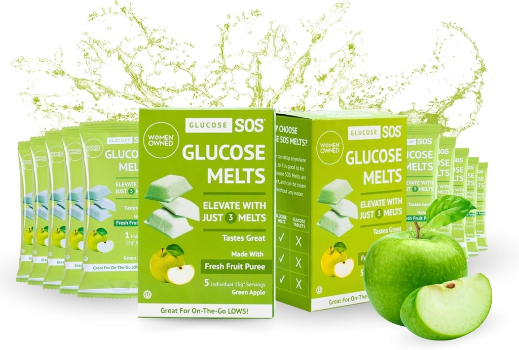 Glucose SOS Melts Made with Dextrose Powder Natural Fruit Puree Sugar, Glucose Tabs, Sport-Ergänzung, Fast Acting Tablets mit 10 Individuellen 15g Servietten von Green Apple