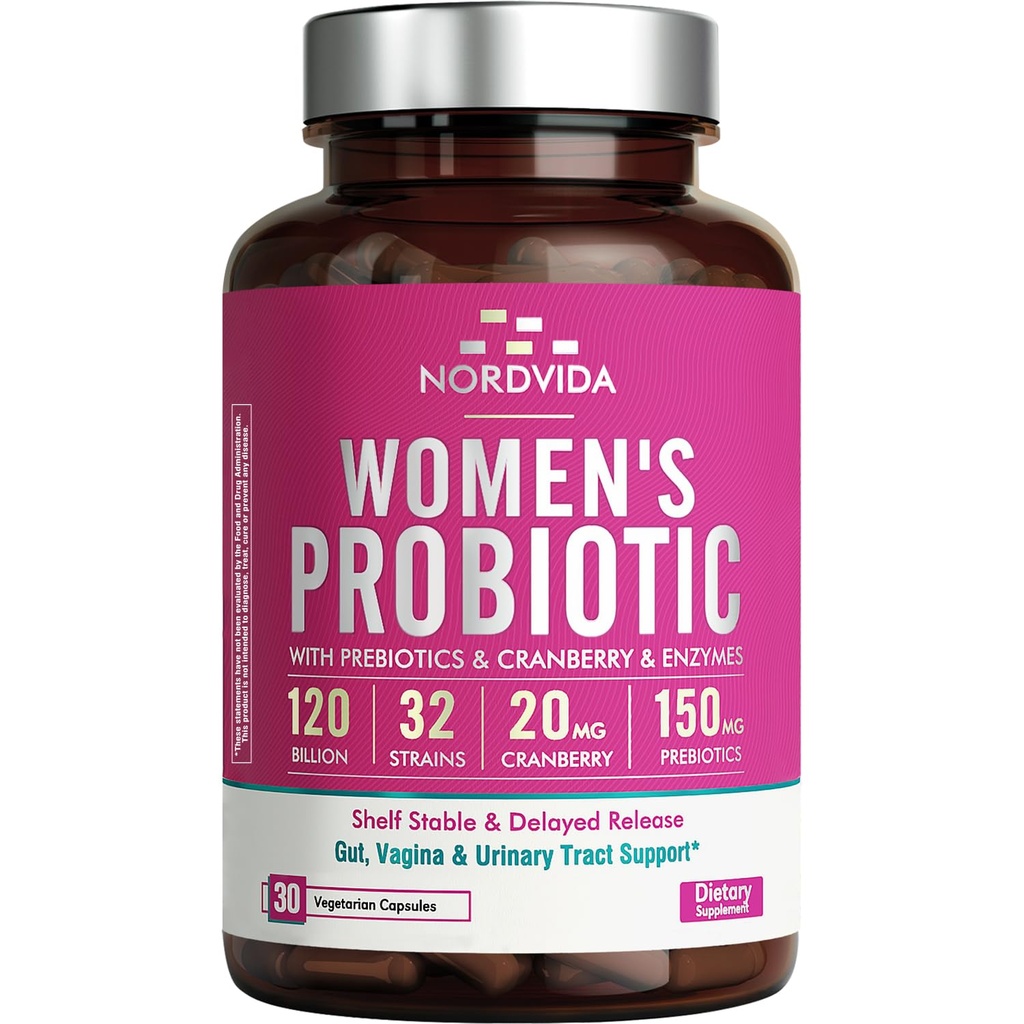 Probiotiques pour femmes, 120 milliards et 32 souches avec canneberge, prébiotiques et enzymes digestives, Gut, soutien vaginal et urinaire, 30 capsules à libération différée