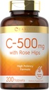 Carlyle Vitamin C mit Rose HIPS 500mg | 200 Tabletten | Hohe Potenz Formel | Vegetarisch, Non-GMO und Gluten Kostenlose Ergänzung