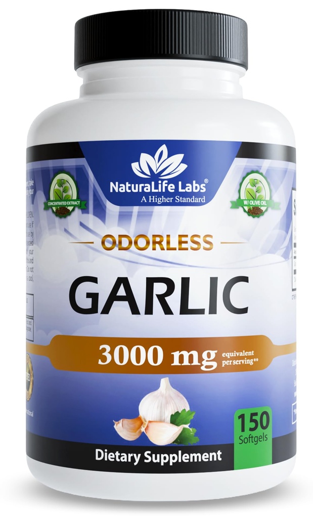 NaturaLife Labs Odorless Ail – 3 000 mg Équivalent par portion – 150 Softgels – Extrait concentré de bulbe d'ail avec huile d'olive extra vierge biologique – Non-OGM, sans gluten
