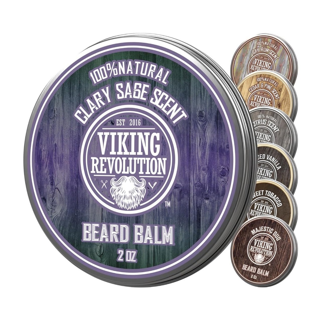 La Révolution Viking Baume de la Sauge Clary - Beurre à l'huile d'argan, Adoucissant pour les hommes avec l'huile de jojoba - Hydratant pour les hommes avec la cire d'abeille - La cire de la barbe pour les hommes (2oz, 1 pack)
