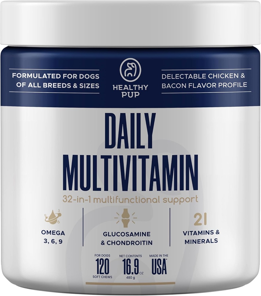 Dog Multivitamin Supplement - 120 weiche Kau Hund Vitamine und Ergänzungen mit Omega, Probiotika, Glucosamin und mehr - für kleine, große und ältere Hunde