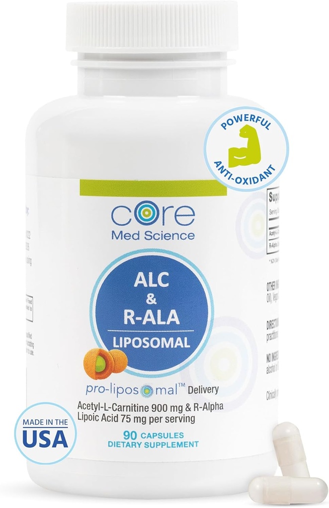 Core Med Science Liposomal ALC & R-ALA Supplement Capsules - Acetyl-L-Carnitin (900mg) & R-Alpha Lipoic Acid (75mg) - Fördert Energie & Fokus - Unterstützt Mental Function & Memory Cognition (90 Count)