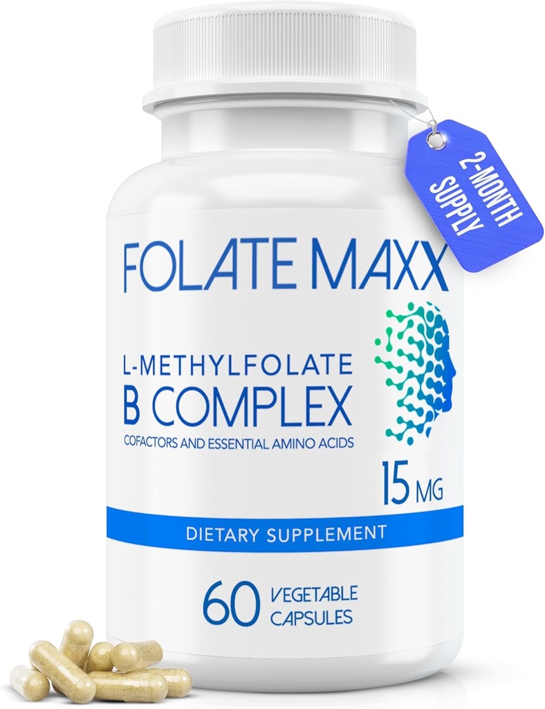 FolateMaxx L-Methylfolat + B12 Methylcobalamin & B6 Blend (15mg) - 60 Kapseln - Aktives B-Komplex mit Cofactors & Essential Amino Acids - Nicht GMO, Glutenfrei, keine Füllstoffe