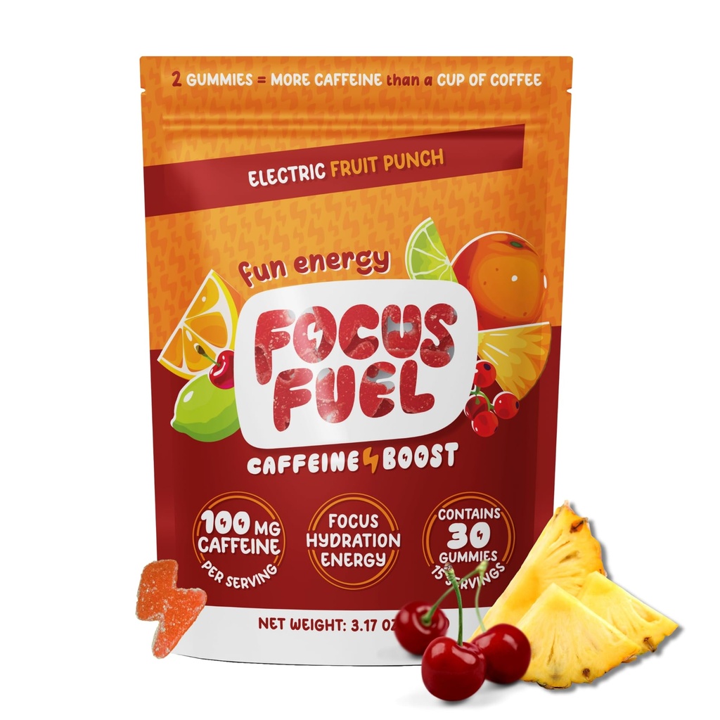 FocusFuel Energy Chews – Fruit Punch Flavor (15 portions) – 100mg Caféine + L-Theanine + B12, Magnésium – Boost Focus & Energy – Pas de crash ou de jitters