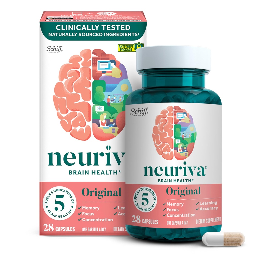 NEURIVA original Décaféiné cliniquement testé Cerveau Nootrope Supplément pour mémoire, focus et concentration, NeuroFacteur et Phosphatidylsérine, 28ct Capsules