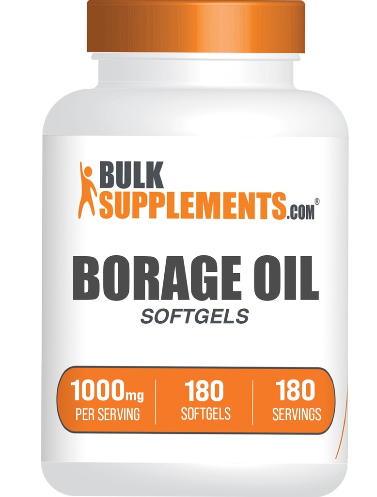 BulkSupplements.com Borage Oil Softgels - Gamma Linolenic Acid Supplement, Borage Oil Suppléments, Borage Oil 1000mg - Sans gluten, 1 Softgel par portion, 180 Compte (paquet de 1)