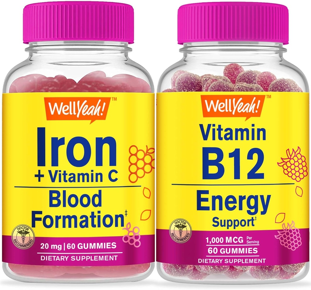 WellJa Iron+Vitamin C + Vitamin B12 1000mcg, Gummis Bundle - Große Verkostung, Vitamin-Ergänzung, Glutenfrei, GMO frei, Kaugummi