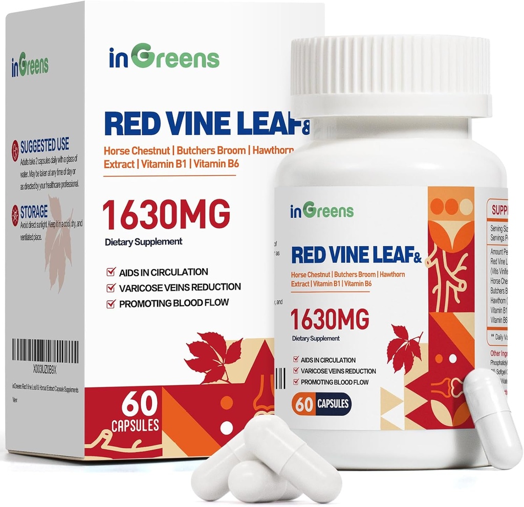 Rote Vine Blatt Extrakt 1630mg mit Rosskastanie, Fleischer Broom, Hawthorn Ergänzung für Varikose Venen, Bein, Zirkulation, Herz, Haut, Unterstützung für Herzgesundheit, Made in USA, 60 Kapseln