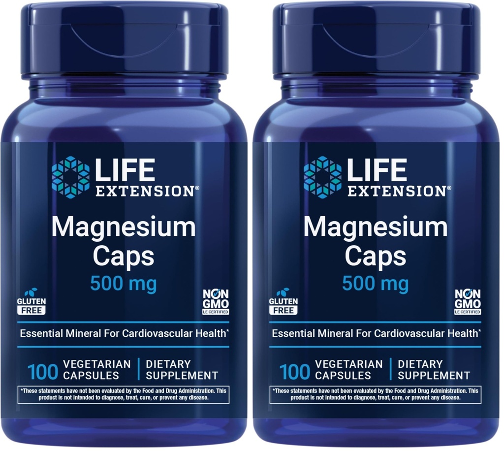 Life Extension Magnesium Caps, 500 mg, Magnesiumoxid, Citrat, Succinate, Herzgesundheit, Gesunde Knochen, Stoffwechselunterstützung, 100 vegetarische Kapseln (Pack von 2)