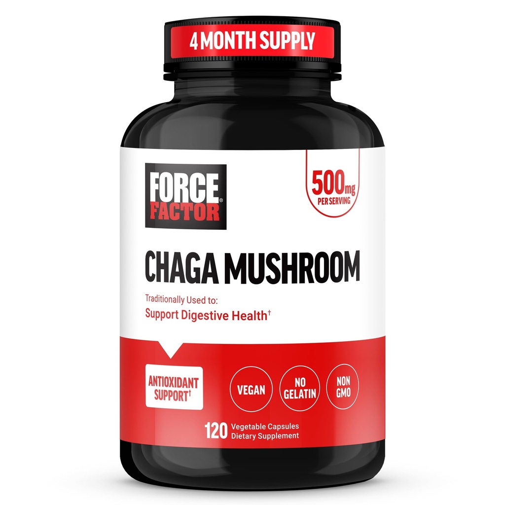 FORCE FACTOR Chaga Mushrooms Kapseln, Pilz-Ergänzung zur Unterstützung Gut Gesundheit und Verdauung, Hergestellt aus echten Pilzen, Vegan, Non-GMO, 120 Kapseln