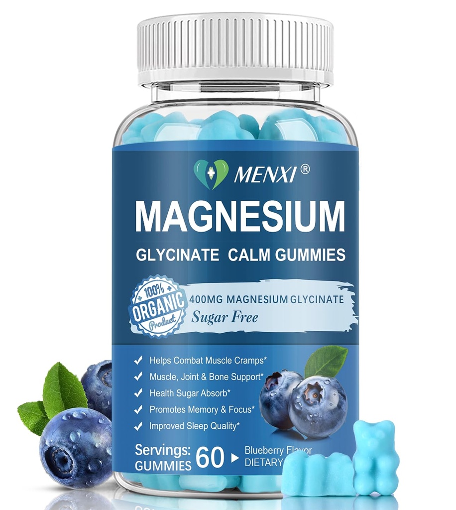 Magnesium-Gummi 600mg pro Servier-Magnesium-Glycinat 400mg und Magnesium Malat 200mg,Sugar freie Magnesium-Kalium-Ergänzung für ruhige Stimmung, Muskel, Knochen & Schlaf-Unterstützung,60 Blueberry-Gummien