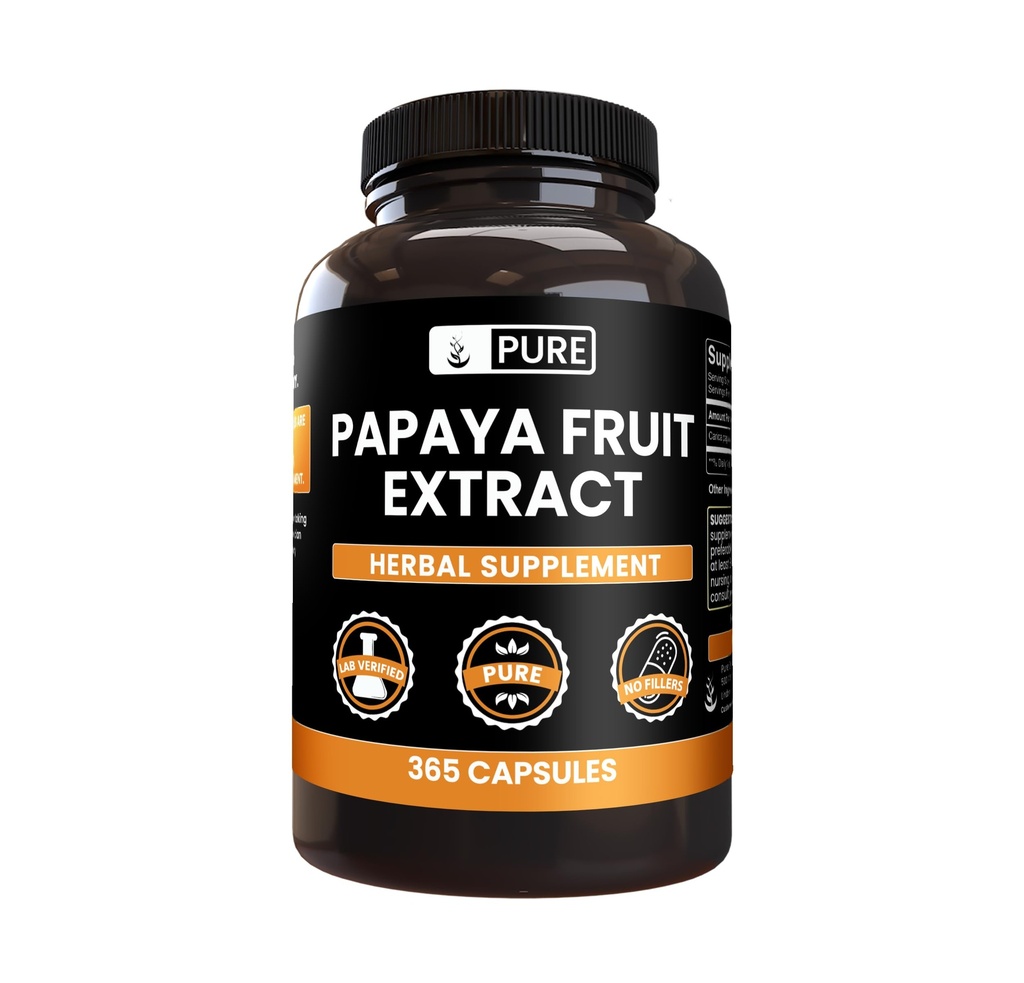 INGRÉDIENTS ORIGINAUX DE PURE Extrait de papaye (365 Capsules) Pas de remplissage de magnésium ou de riz, toujours pur, vérifié en laboratoire
