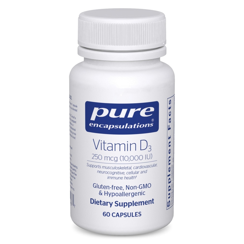 Encapsulations pures Vitamine D3 250 mcg (10 000 UI) - Supplément pour soutenir la santé des os, des articulations, du sein, du coeur, des colonies et des immunes - avec la vitamine D premium - 60 capsules