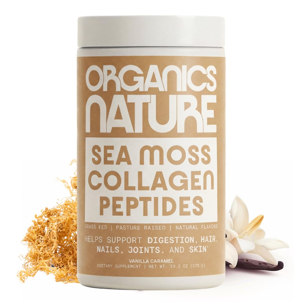 NATURE ORGANIQUE Collagène Peptides Poudre avec de la mousse de mer d'Irlande Vanilla Caramel aromatisé.