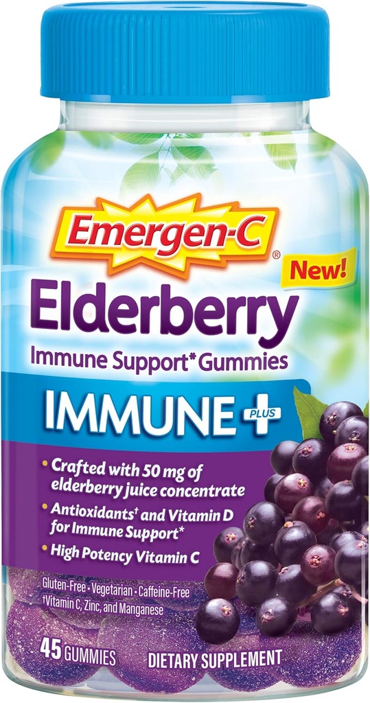 Emergen-C Immune+ Elderberry Gummies, 750 mg Vitamin C mit Vitamin D, Zink und Elektrolyten, Immununterstützung Nahrungsergänzung, Koffeinfrei, Glutenfrei, Elderberry Flavor - 45 Count