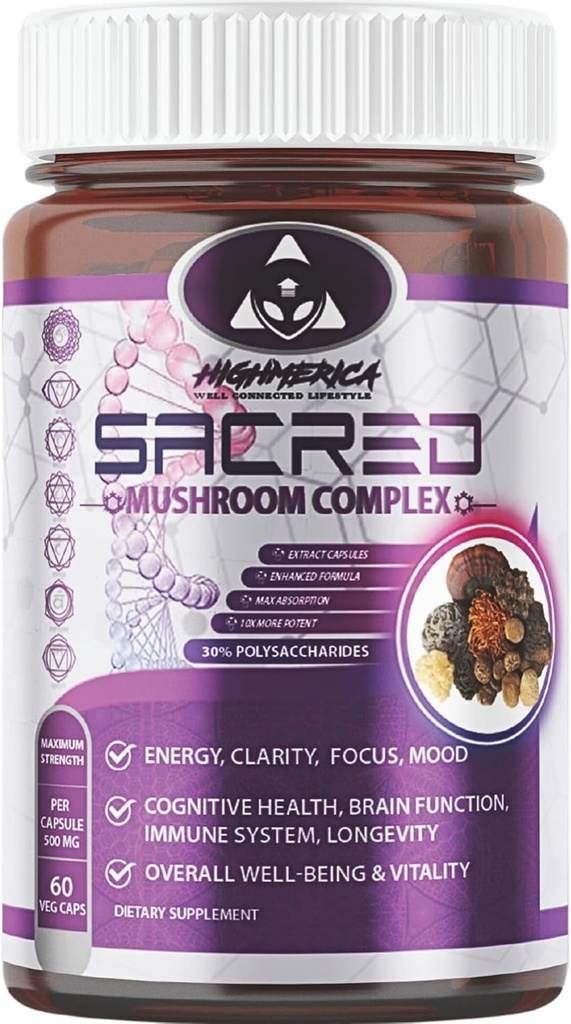 7 Complexe des champignons sacrés - La Manille du Lion, Cordyceps, Reishi, Turquie Tail, Chaga, Maitake & Shiitake - Nootropic pour le cerveau et le soutien cognitif - Énergie et immunité