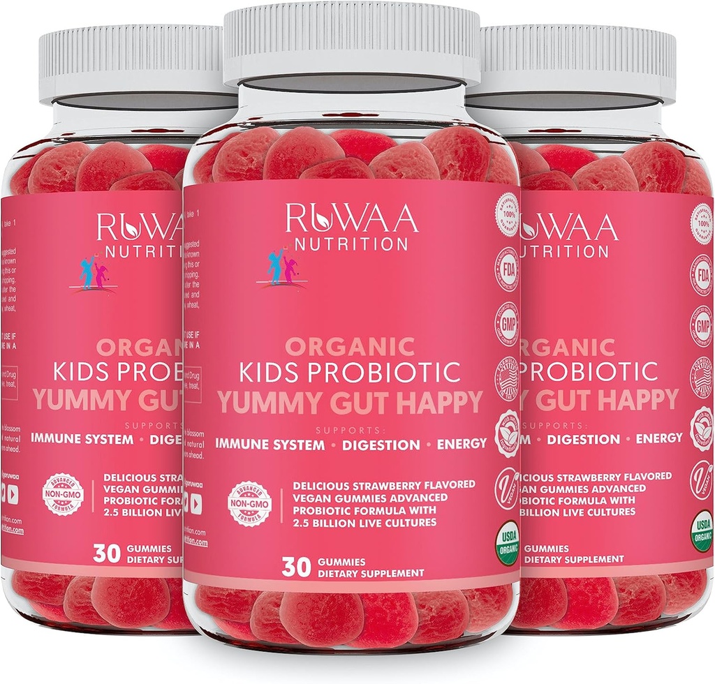 Kid Probiotic Gummies For Digestive Health, Chewable Daily Probiotic For Kids Ages 4+. Oral Care, Abdominal Discomfort, Gut Health. Strawberry Flavor, USDA Organic, Probiotics for Children 90ct (3)