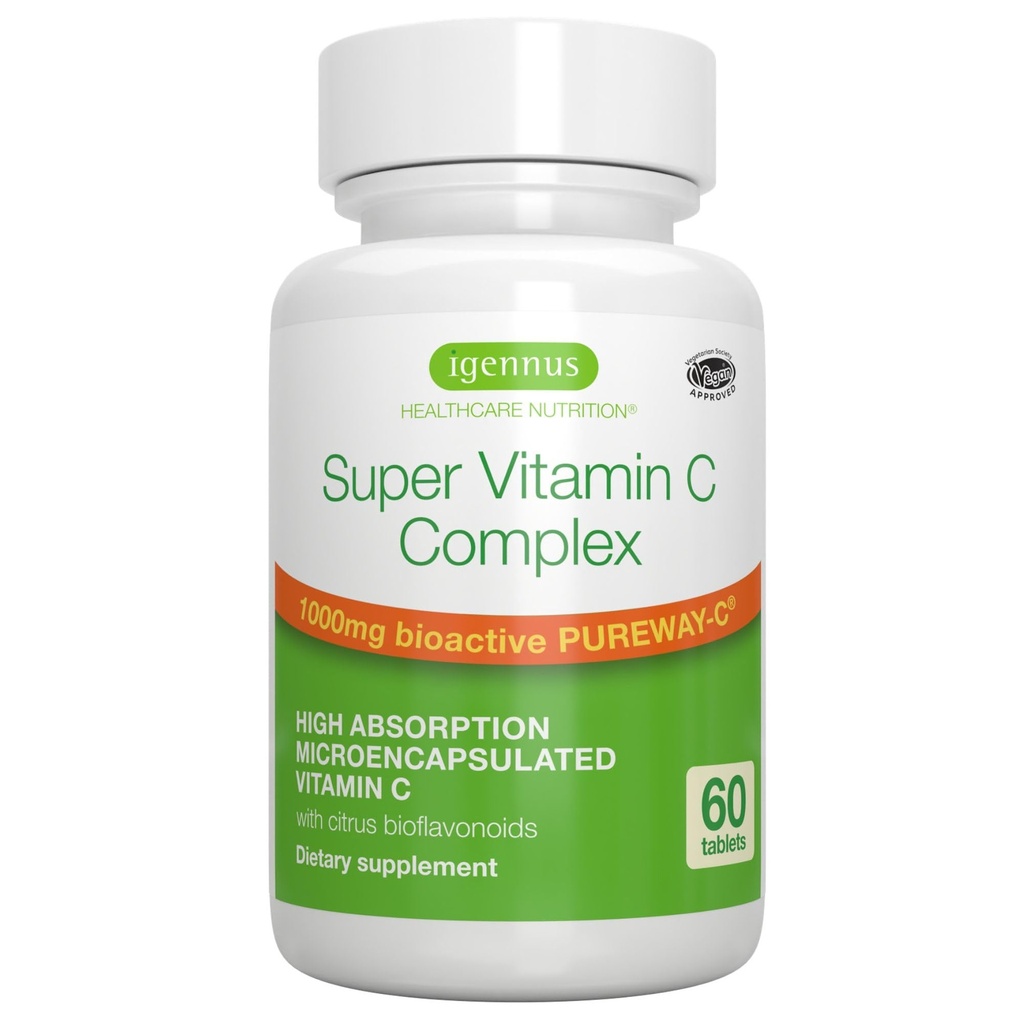 Igennus High Absorption Super Vitamin C, Clean Label Pureway-C 1000mg, Vegan Vitamin C mit Bioflavonoiden, 60 Portionen, 24-Stunden-Action, Immungesundheit, Energie, Herz & Gehirn