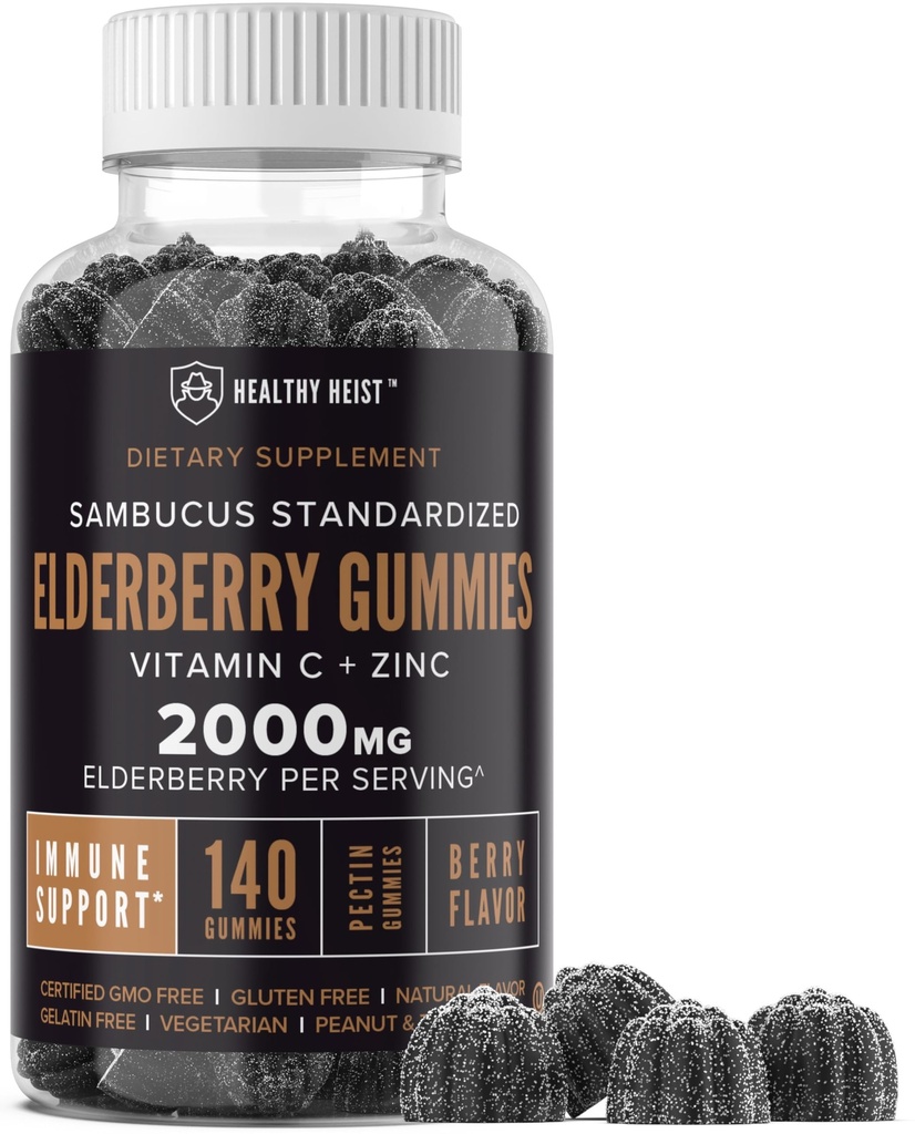 Sambucus Black Elderberry Gummies avec du zinc et de la vitamine C, 140 Gummies, le soutien immunitaire à croquer pour les adultes et les enfants, non OGM, Kosher, Pectine, Vegan, Delicious Berry Flavor