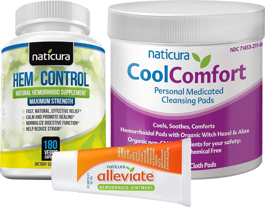 Bundle - Alléger l'onguent naturel de soulagement des hémorroïdes, le supplément naturel d'hémorroïdes de contrôle des hémorroïdes (180 comtes) et les tampons nettoyants personnels de CoolComfort (100 comtes) - All-Natural, action rapide
