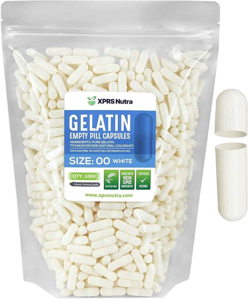 XPRS Nutra Size 00 Empty Capsules - 1000 Count Empty Gelatin Capsules - DIY Capsule Filling - Fillable Pill Gel Caps for Do-It-Yourself Supplements (White)