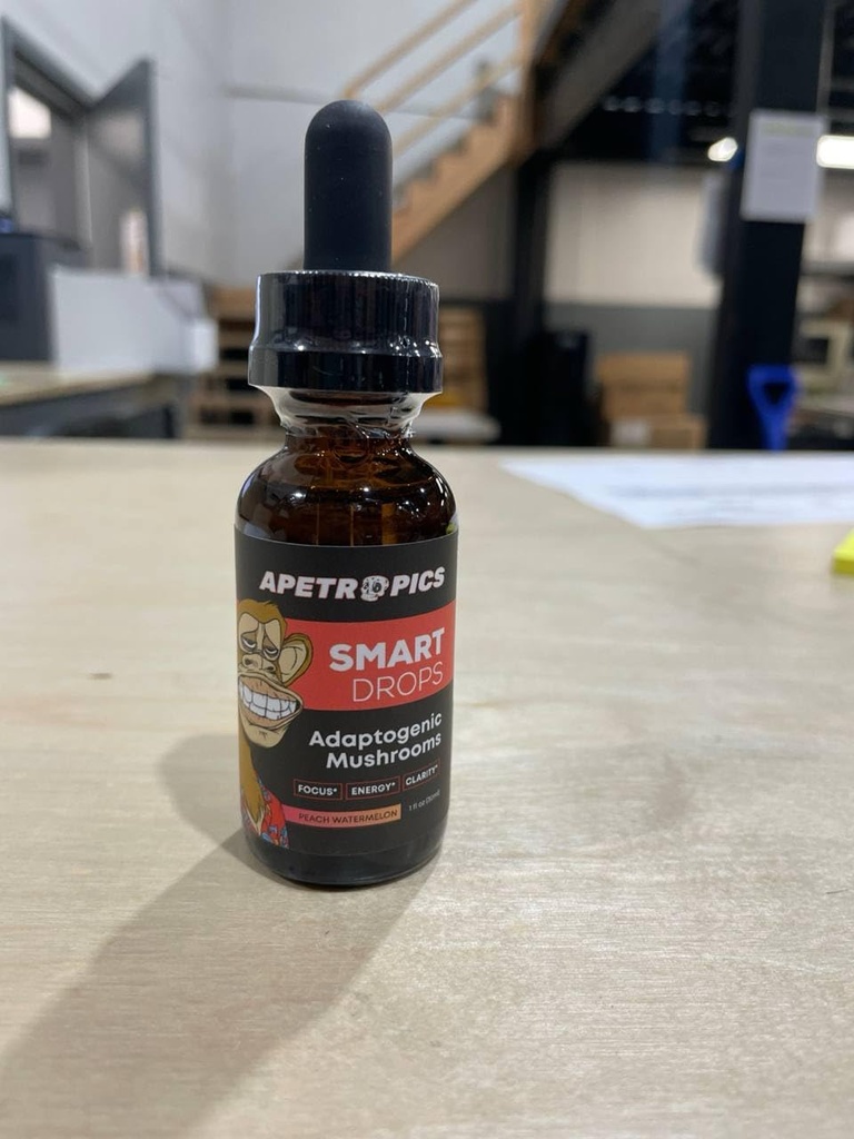 Apetropics Smart Drops - Teinture de Champignons Adaptogènes avec Manille de Lion, Cordyceps, Turkey Tail, Chaga, Reishi - Supplément Nootropique - Peach Watermelon Flavor, 30-Servings