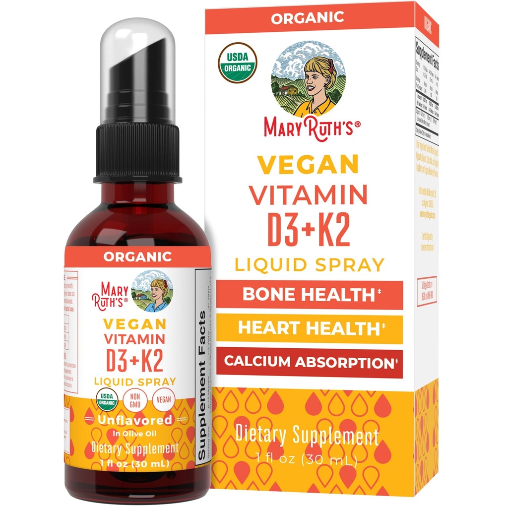 MaryRuth's Organic D3 + K2 Spray für Erwachsene & Kinder für Knochen Gesundheit | Vitamin D3 als Cholecalciferol | Vitamin K2 | Immunität | Mineralabsorption | Herzgesundheit | Vegan | Non-GMO | Gluten Free | 1 Fl Oz