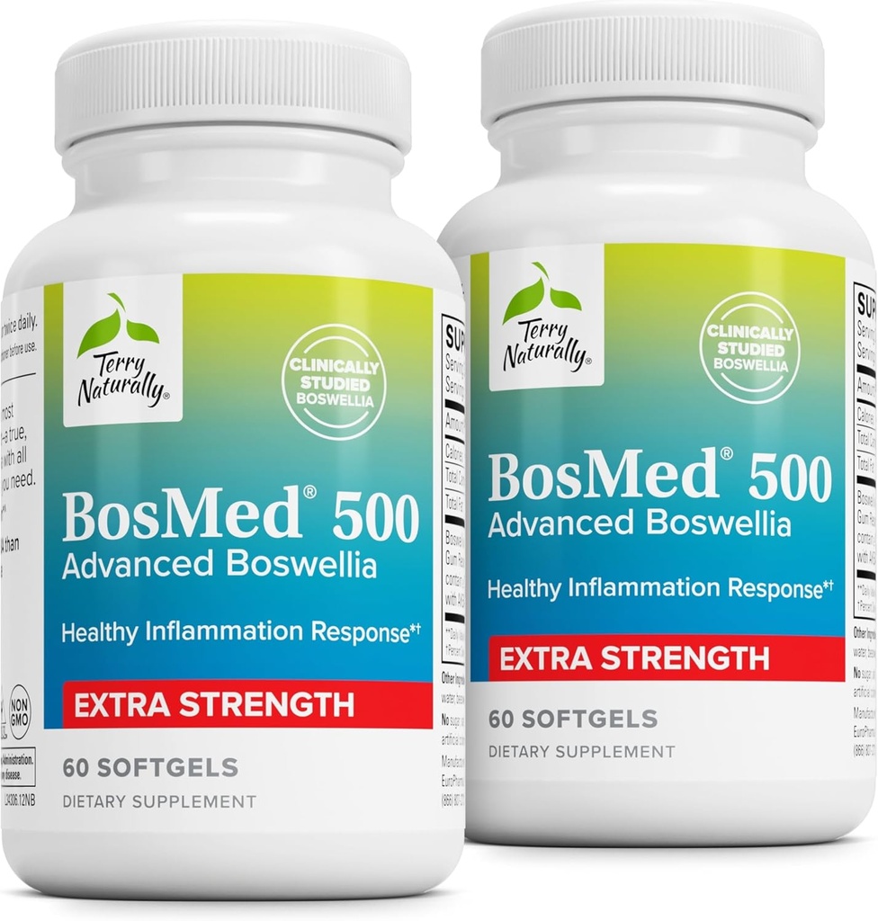Terry Naturally BosMed 500 - Boswellia Serrata Extract Supplement - Nahrungsergänzungsmittel für gesunde Lung Unterstützung - Kräuterergänzung Formel - 60 Softgels (Pack von 2)