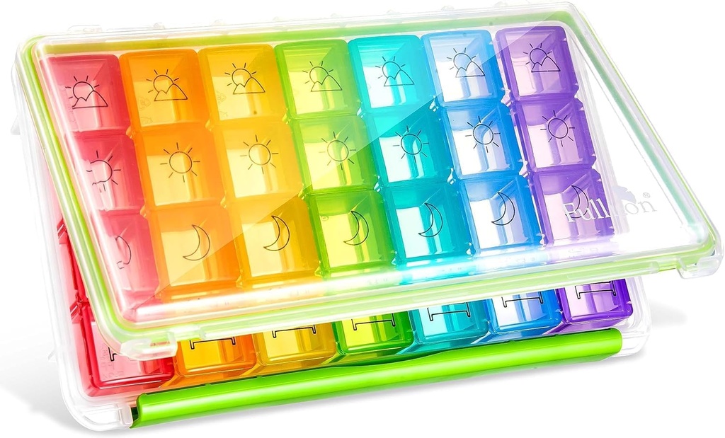 Fullicon Weekly Pill Organizer 4 Mal pro Tag, Pille Box 7 Tag für Reisen, Moisture-Proof Daily Pill Box Organizer, Große Pille Fall für Medizin, Vitamin, Fischöl und Nahrungsergänzung (Klar und Grün)