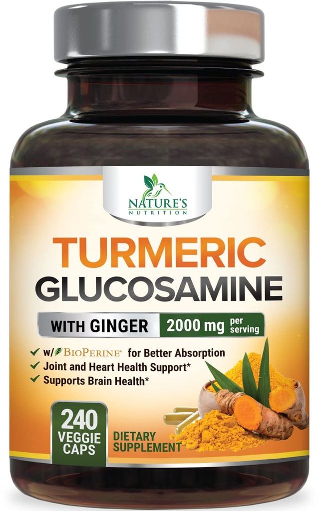Kurkuma Ergänzung 2000mg - 95% Curcuminoide mit Glucosamin, Ginger & MSM, BioPerine Black Pepper für beste Absorption, Nature's Vegan Joint Support, Non-GMO, Bottled in USA - 240 Kapseln