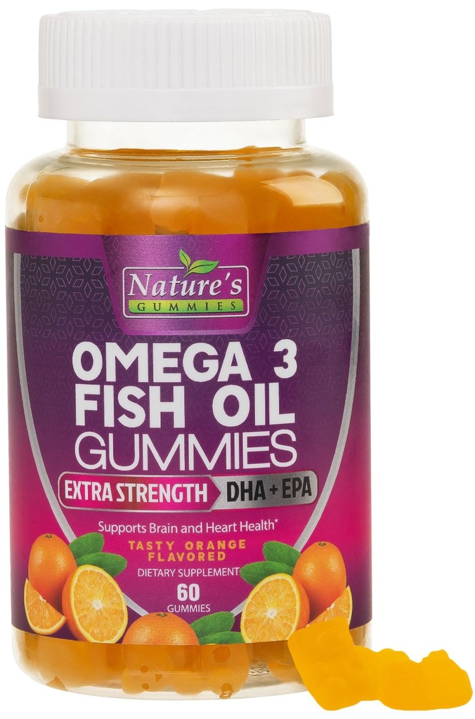 Omega 3 Huile de poisson Gommies, supplément de Gommy Omega 3 santé cardiaque avec haute absorption DHA et EPA, joint de force supplémentaire et soutien du cerveau, huile de poisson d'orange délicieuse huile de poisson de la nature - 60 Gommies