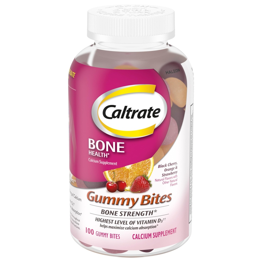 Caltrate Gummy Bites 500 mg Calcium und Vitamin D Supplement, Schwarze Kirsche, Erdbeere, Orange - 100 Count