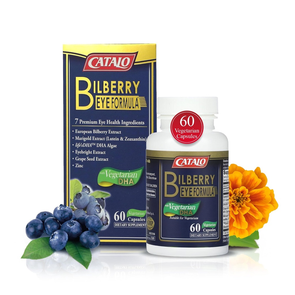 CATALO Bilberry Augenformel mit vegetarischer DHA - Augenpflege-Ergänzung mit Mirtoselect Bilberry Extract, DHA von Algae, Lutein, Zeaxanthin, Grape Seed Extract und Zink - 60 vegetarische Kapseln