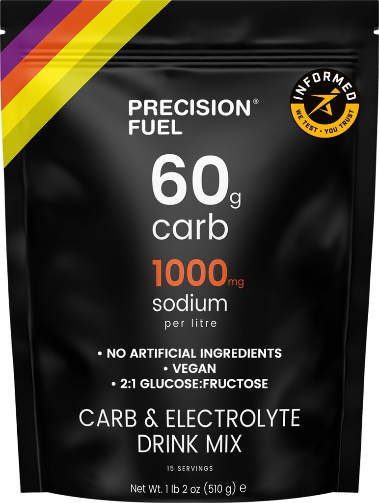 Fuel de précision PF 60 carbure et boisson électrolyte Mélange de poudre pour l'hydratation et l'énergie - Endurance Sports Nutrition, végétalien, hypotonique - 60g de carbure, 1000mg de sodium par litre - Mild Citrus Flavor