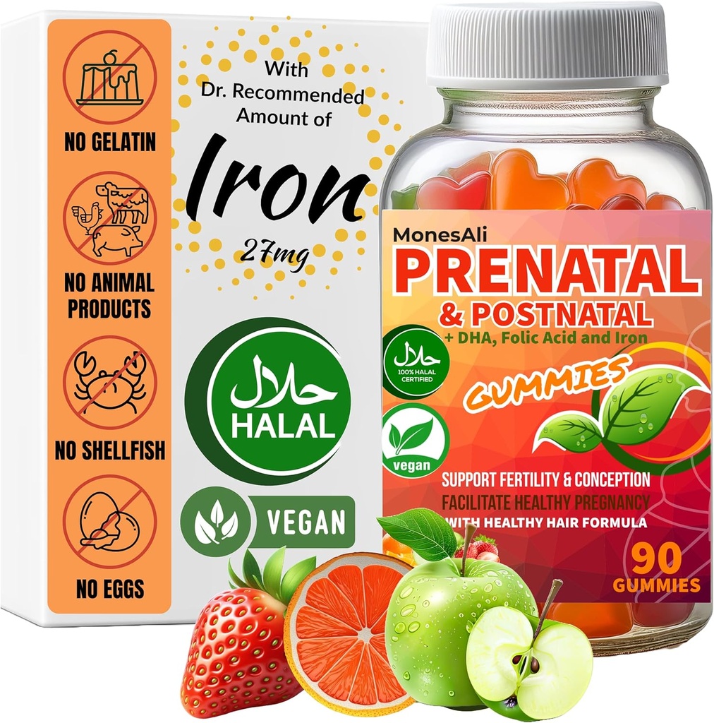 Pränatale Vitamin-Gummien für Frauen | & Postnatal | Vegan, Halal, Gelatin Free | mit Folat, Eisen & Biotin | unterstützt Schwangerschaft, Postpartum Energie & Haargesundheit
