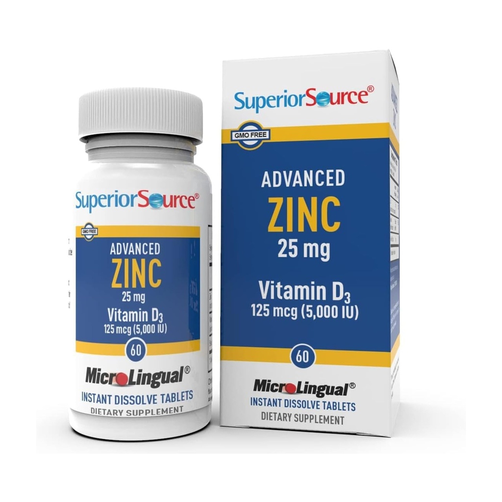 Superior Source Advanced Zinc 25 mg - Includes Vitamin D3 5.000 IU - Premium Immun Support Supplement für Männer & Frauen - Non-GMO & Gluten-Free - 60 MicroLingual Dissolvable Tablets
