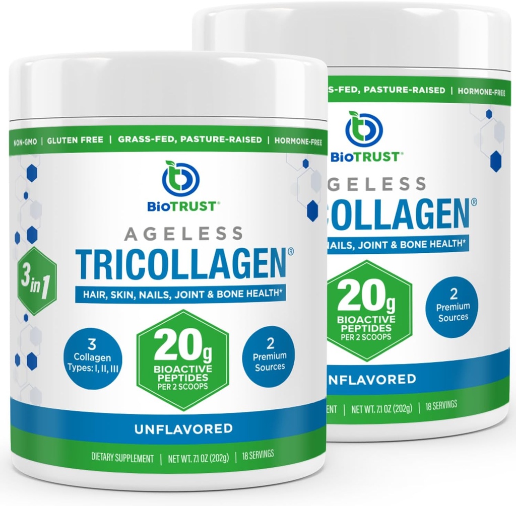 BioTrust Tri Collagen Powder - 3-in-1-Hydrolysiertes Collagen Peptides Powder (Typen I, II, & III) - Gras Fed Collagen Protein Powder for Anti Aging, Haut, Haar, Knochen & Joint Health - Unflavored, 2-Pack