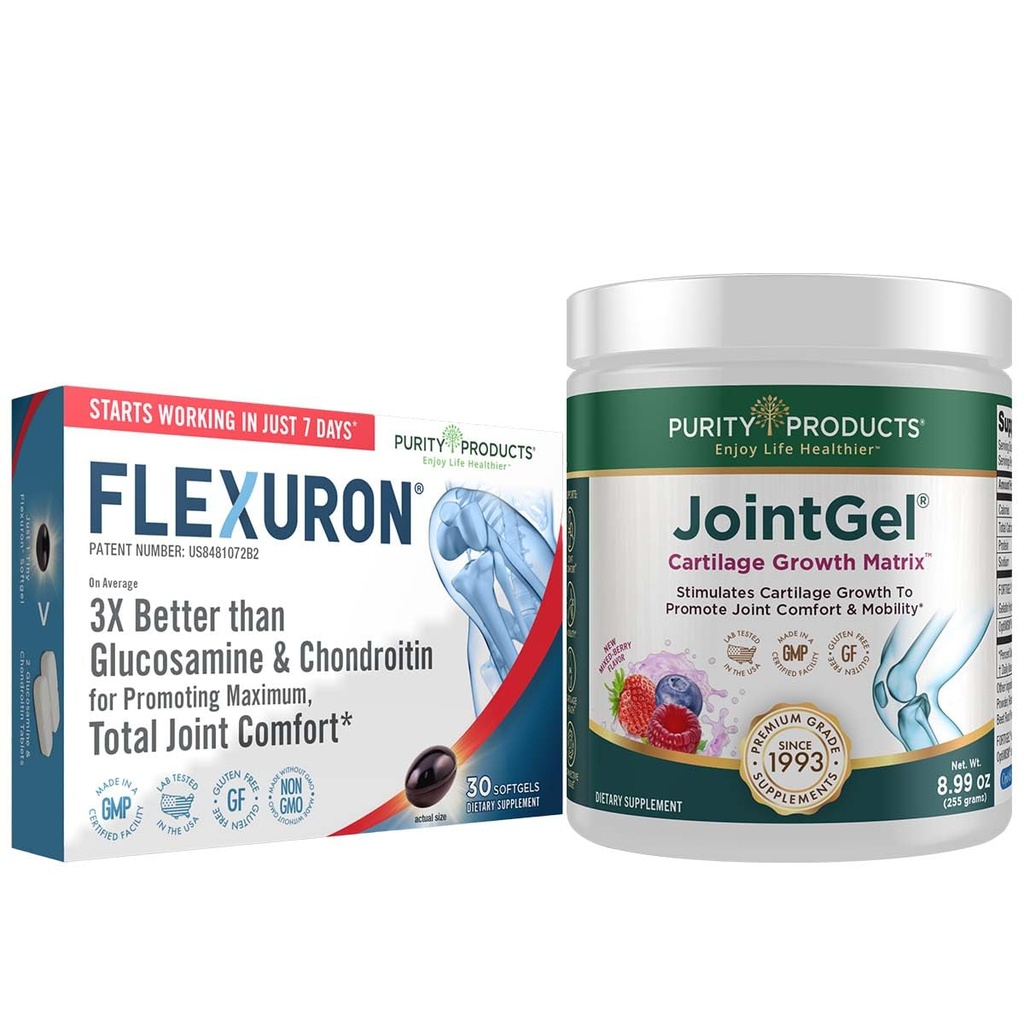 Produits de pureté Flexuron Formule articulaire + Gel articulaire Flexuron (huile de krill, acide hyaluronique à faible poids moléculaire, astaxanthine) - Gel articulaire en poudre de berry (peptides de collagène bioactif + MSM)