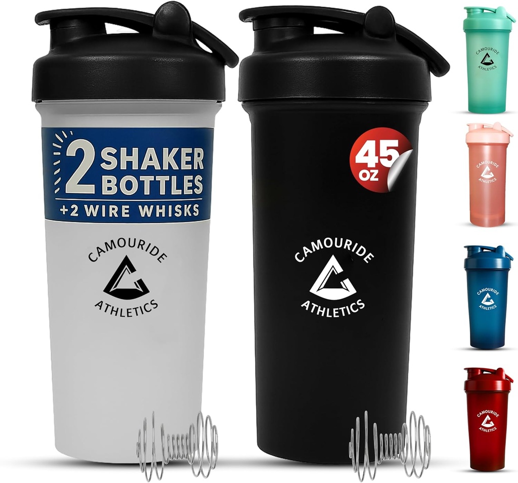 2 Pack 45 Unze Protein Shaker Bottles mit Wire Whisk – BPA-Free, Leak-Proof Shaker Cups für Protein Shakes & Smoothies – Large Plastic Mixer Bottle – Classic White & Midnight Black