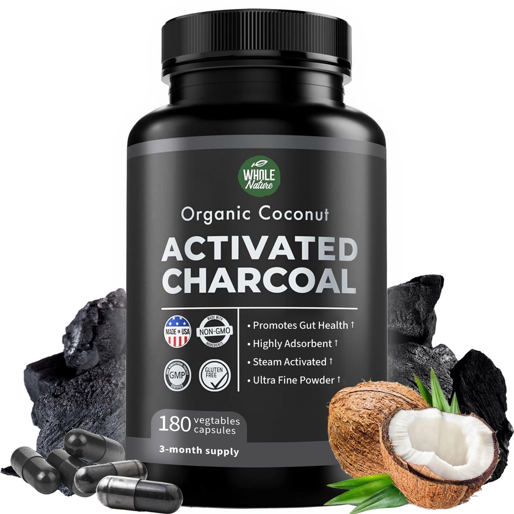 Pure Kokosnuss aktivierte Charcoal Capsules - 180 Charcoal Pillen, Hilft mit Teeth Whitening, Bloating und Körperreinigung. Non-GMO - Glutenfrei, Vegan
