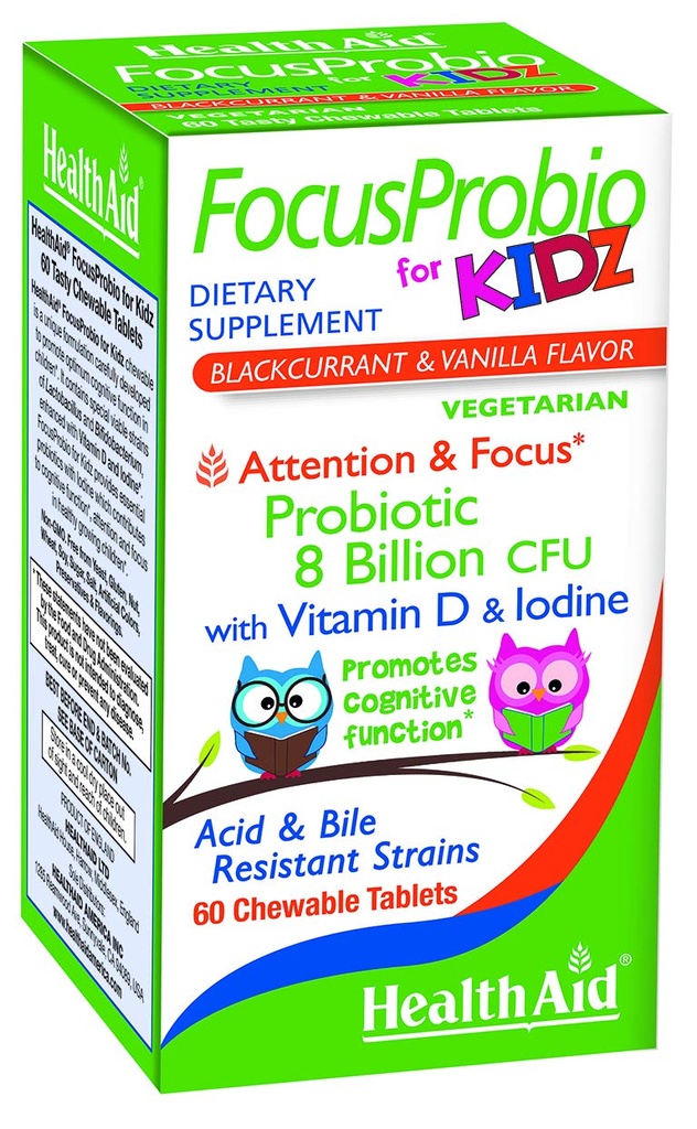 FocusProbio pour Kidz, 60 comprimés à croquer, soutient la fonction cognitive pour l'attention et le focus. Contient de la vitamine D et de l'iode. Filets résistants à l'acide et à la bile. Végétarien