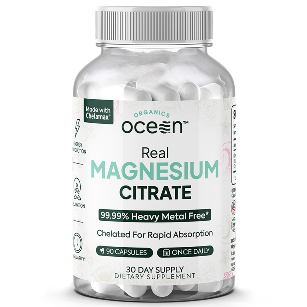 Organics Ocean Real Magnésium Citrate - Supplément Magnésium à haute absorption - Magnésium chélaté pour soutenir l'énergie, la relaxation et la régularité