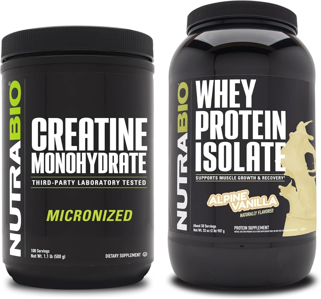 NutraBio Créatine monohydratée, non aromatisée, Isolée de protéines de 500g et de lactosérum, Vanille alpine, supplément - Énergie musculaire, croissance musculaire maigre, récupération et force