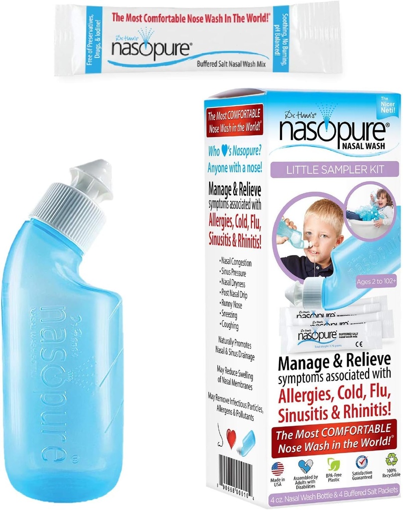 Nasopure Nasal Wash, Little Sampler Kit, “The Nicer Neti Pot” Sinus Wash Kit, Komfortable Nasal Rinse 4 Oz Bottle & 4 Salt Packets (3.75 Gr Jeder), Nasal Congestion, Kalt, Allergy, Nasal Bewässerung