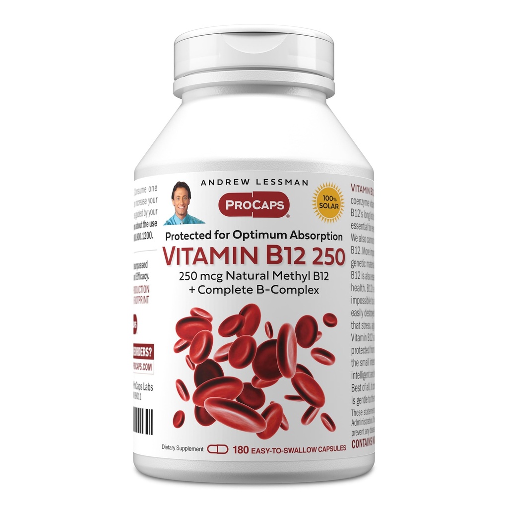 ANDREW LESSMAN Vitamin B12 250 180 Kapseln - Absorptionsgeschütztes Methylcobalamin (Natural Coenzym Vitamin B12), essentiell für Energie- und Stressunterstützung, Plus B-Komplex, einfach zu schlucken Kapseln